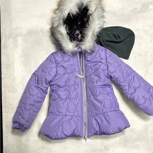 Purple Kids Puffer Jacket with Faux Fur Hood